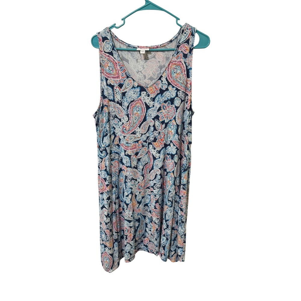 J. Jill Size Large Paisley V-Neck Sleeveless Dress Blue Pink Boho Stretch